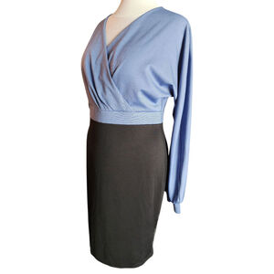 Grace Karin Black & Blue Cocktail Front Wrap Pencil Career Dress Women's L NWT